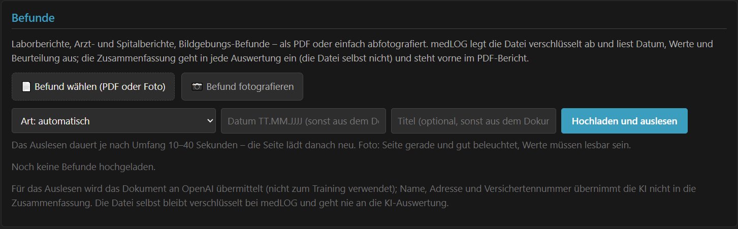 Konto: Karte Befunde mit Upload