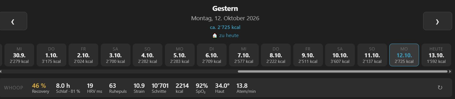 Tagesnavigation und Whoop-Leiste im Tagebuch